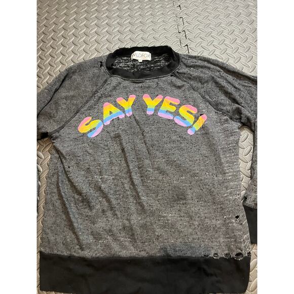 Wildfox SAY YES Destroyed Rainbow Jumper S Sweatshirt Top Loose Fit $136 Black - Picture 2 of 9
